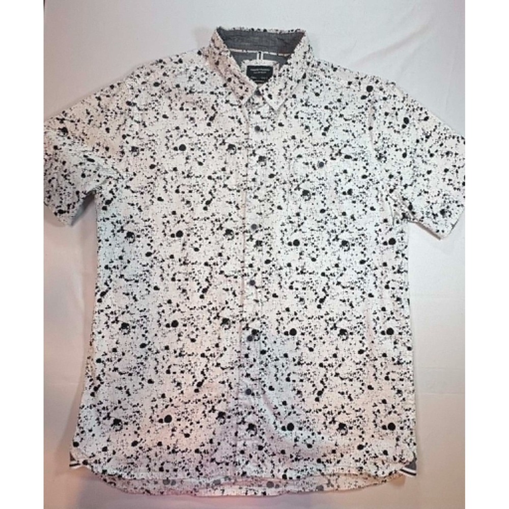 Sunrise Kingdom Men's Short Sleeve Button Down Shirt White Black Splatter Size L